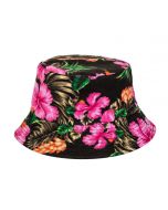 Hawaiian Print Bucket Hat With Pink Flower.