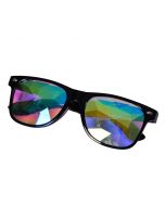 Black wayfarer style glasses with kaleidoscope prism lens
