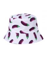 Wholesale white bucket hat with aubergine print.