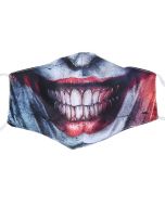 Wholesale 3 layer cotton face mask with 2 free filters and plush packaging.  This joker clown wholesale printed face mask has adjustable elastic straps and the plush packaging.