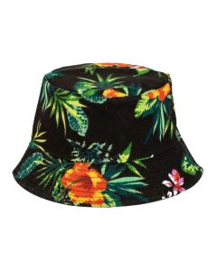 Hawaiian Print Bucket Hat With Yellow Flower.