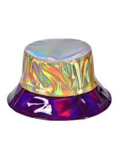Holographic Patchwork PU Bucket Hat In Silver, Gold and Purple.