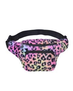 Wholesale fluffy bum bag with multi coloured leopard print.