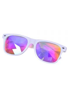 White wayfarer style glasses with kaleidoscope prism lens