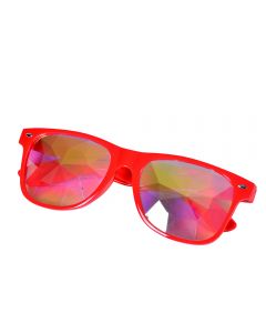 Red wayfarer style glasses with kaleidoscope prism lens