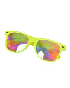 Neon yellow wayfarer style glasses with kaleidoscope prism lens