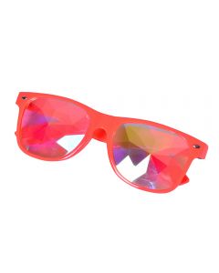 Neon orange wayfarer style glasses with kaleidoscope prism lens