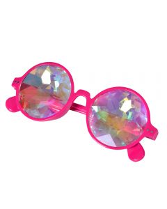 Neon pink round glasses with kaleidoscope prism lens