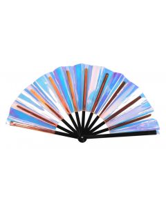 Huge Holographic Silver Cracking Fan 33 x 66cm.  These cracking fans make a very satisfying noise when opening and closing them.  They are a big craze at the moment.
