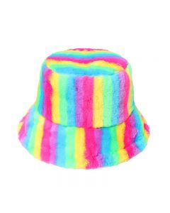Wholesale fluffy bucket hat with bright rainbow stripes.  These wholesale fluffy bucket hats make great winter wholesale fashion accessories and wholesale festival wear.