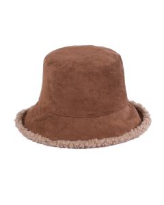 Wholesale, reversible, faux sheepskin bucket hat brown