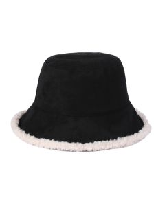 Wholesale, reversible, faux sheepskin bucket hat in black.  