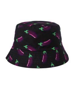 Wholesale bucket hat with aubergine print on black.